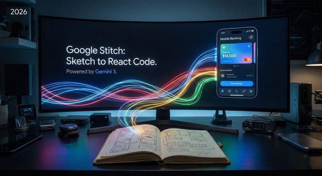 Futuristic workspace showing a Google Stitch review demo with code generation.